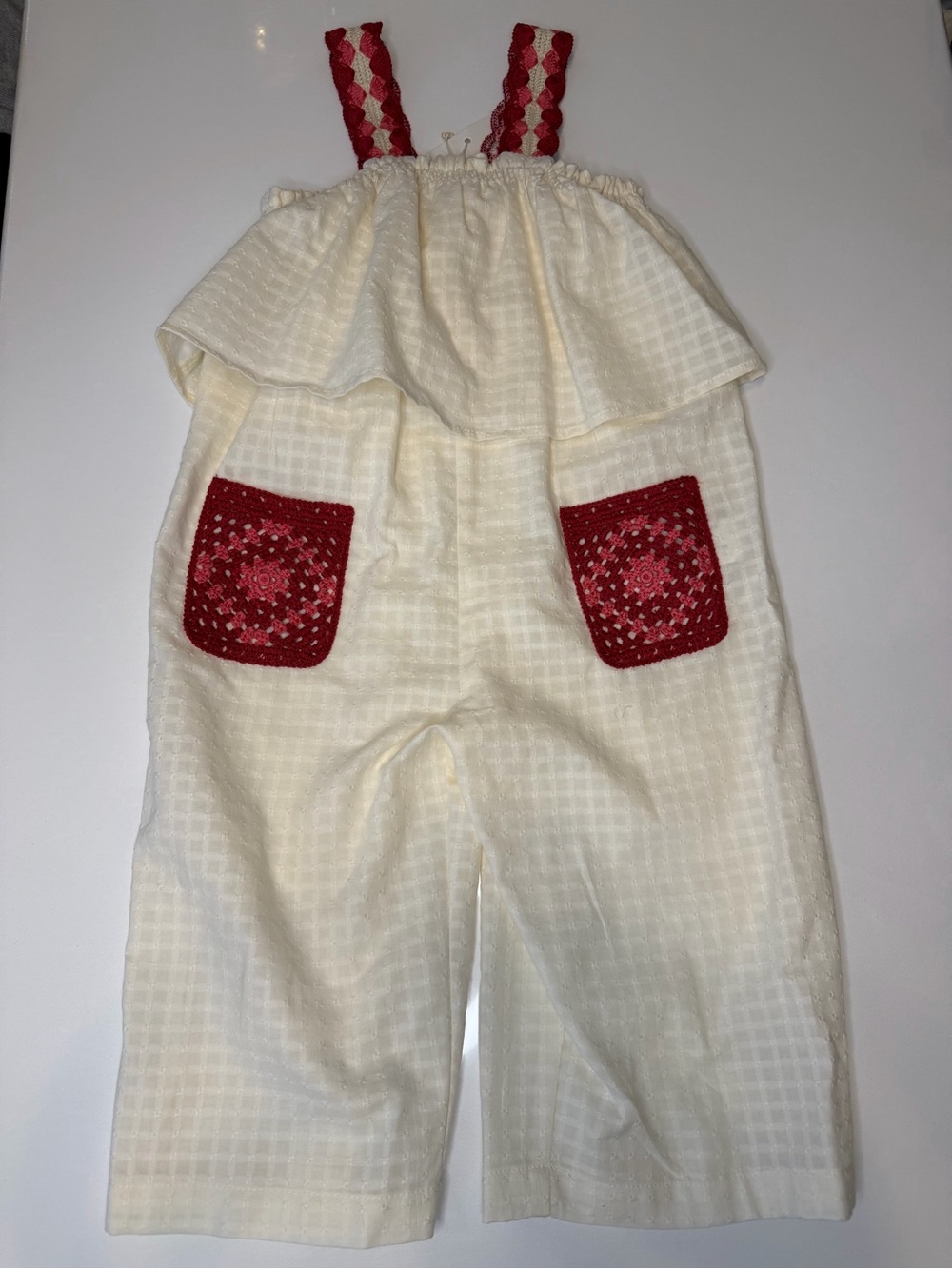 Zara Cream Girls' Crochet Pocket Overalls with Red Straps